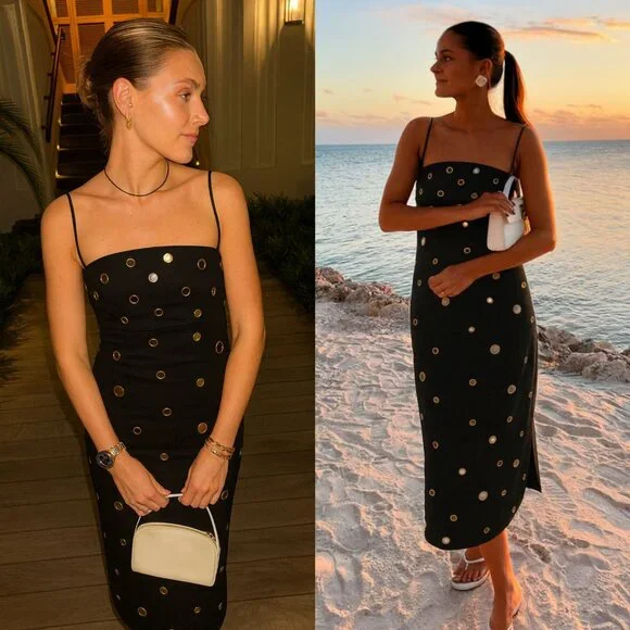 Alexis Malia Midi Dress Black Mirrored Grommet Curved Size S NWT‎ - Picture 10 of 11